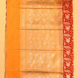 Red & Mustard Silver Zari Geometric Floral Jaal Pure Silk Banarasi Saree With Contrast Mustard Pallu