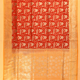 Red & Mustard Silver Zari Geometric Floral Jaal Pure Silk Banarasi Saree With Contrast Mustard Pallu