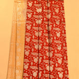 Red & Mustard Silver Zari Geometric Floral Jaal Pure Silk Banarasi Saree With Contrast Mustard Pallu