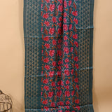 Dark Teal Ikat-Print Saree With Abstract Floral Motifs And Sequin Border