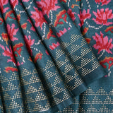 Dark Teal Ikat-Print Saree With Abstract Floral Motifs And Sequin Border