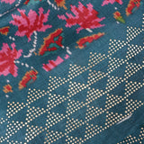 Dark Teal Ikat-Print Saree With Abstract Floral Motifs And Sequin Border