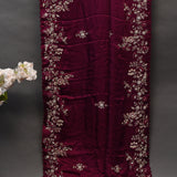 Maroon Hand Embroidered Satin Silk Saree With Scalloped Border