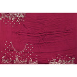 Maroon Hand Embroidered Satin Silk Saree With Scalloped Border