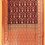 Wine & Red Silver Zari Floral Bouquet Jaal Pure Silk Banarasi Saree With Contrast Red Pallu