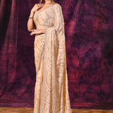 Beige Saree With Swirl Pattern Sequin Embroidery With Scalloped Border