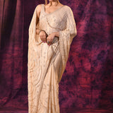 Beige Saree With Swirl Pattern Sequin Embroidery With Scalloped Border
