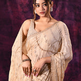 Beige Saree With Swirl Pattern Sequin Embroidery With Scalloped Border