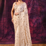 Off-White Saree With All-Over Hand Embroidered Floral Vine Work