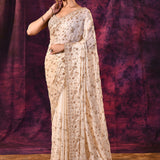Off-White Saree With All-Over Hand Embroidered Floral Vine Work