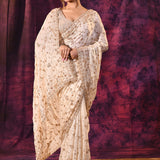Off-White Saree With All-Over Hand Embroidered Floral Vine Work
