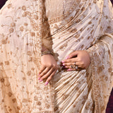 Off-White Saree With All-Over Hand Embroidered Floral Vine Work