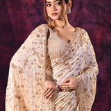 Off-White Saree With All-Over Hand Embroidered Floral Vine Work