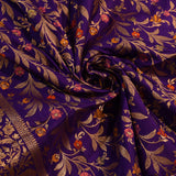 Royal Blue Gold Zari Meenakari Floral Jaal Pure Silk Banarasi Saree With Arch Medallion Pallu