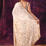 Off-White Saree With All-Over Hand Embroidered Floral Vine Work