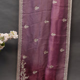 Mauve Rose Organza Saree With Hand Embroidered Paisley Vine Border And Floral Booti