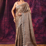 Bronze Copper Saree With All-Over Tikki Work And Scalloped Geometric Border