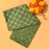 Teal Green Gold Zari Geometric Trellis Jaal Pure Silk Banarasi Saree With Floral Bouquet Pallu