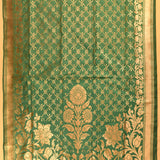 Teal Green Gold Zari Geometric Trellis Jaal Pure Silk Banarasi Saree With Floral Bouquet Pallu
