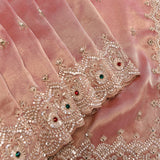 Dusty Rose Satin Hand Embroidered Stone Work Saree With Scalloped Border