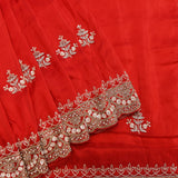 Red Hand Embroidered Gold Sequin Floral Scalloped Border Saree