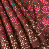 Brown Ikat-Print Saree With Abstract Floral Motifs And Sequin Border