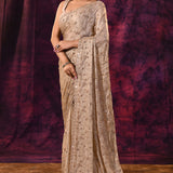 Champagne Beige Saree With All-Over Hand Embroidered Floral Buttis Tissue Saree