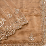 Tan Gold Hand Embroidered Floral Booti Dual Border Saree