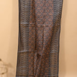 Black Linen Saree With Rust Brown Ajrakh Block Printed Geometric Floral Jaal & Silver Sequin Border
