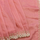 Coral Pink Hand Embroidered Pearl Teardrop Border Saree