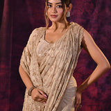 Champagne Beige Saree With All-Over Hand Embroidered Floral Buttis Tissue Saree