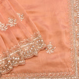 Peach Hand Embroidered Silver Stone Scalloped Dual Border Saree