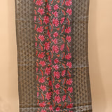 Charcoal Ikat-Print Saree With Abstract Floral Motifs And Sequin Border
