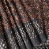Black Linen Saree With Rust Brown Ajrakh Block Printed Geometric Floral Jaal & Silver Sequin Border
