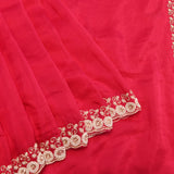 Pink-Red Hand Embroidered Pearl Rosette Border Saree