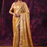 Mustard Gold Saree With Criss-Cross Floral Lattice Embroidery And Wide Scalloped Border