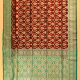 Maroon & Teal Silver Zari Floral Jaal Pure Silk Banarasi Saree With Contrast Teal Pallu