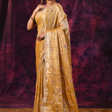 Mustard Gold Saree With Criss-Cross Floral Lattice Embroidery And Wide Scalloped Border