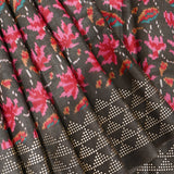 Charcoal Ikat-Print Saree With Abstract Floral Motifs And Sequin Border