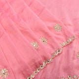 Coral Pink Hand Embroidered Mirror Floral Border Saree