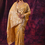 Mustard Gold Saree With Criss-Cross Floral Lattice Embroidery And Wide Scalloped Border