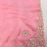 Coral Pink Hand Embroidered Mirror Floral Border Saree