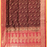 Wine & Pink Silver Zari Floral Jaal Pure Silk Banarasi Saree With Contrast Pink Paisley Pallu