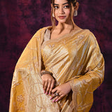 Mustard Gold Saree With Criss-Cross Floral Lattice Embroidery And Wide Scalloped Border