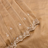 Golden Tan Hand Embroidered Mirror Floral Scalloped Border Saree