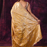 Mustard Gold Saree With Criss-Cross Floral Lattice Embroidery And Wide Scalloped Border