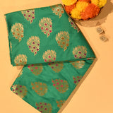 Teal Green Gold Zari Meenakari Butti Pure Silk Banarasi Saree With Broad Plain Zari Pallu