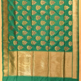 Teal Green Gold Zari Meenakari Butti Pure Silk Banarasi Saree With Broad Plain Zari Pallu