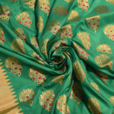Teal Green Gold Zari Meenakari Butti Pure Silk Banarasi Saree With Broad Plain Zari Pallu