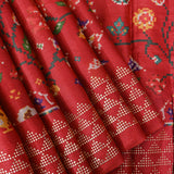 Red Ikat-Print Saree With Patola-Style Peacock Motif And Sequin Border